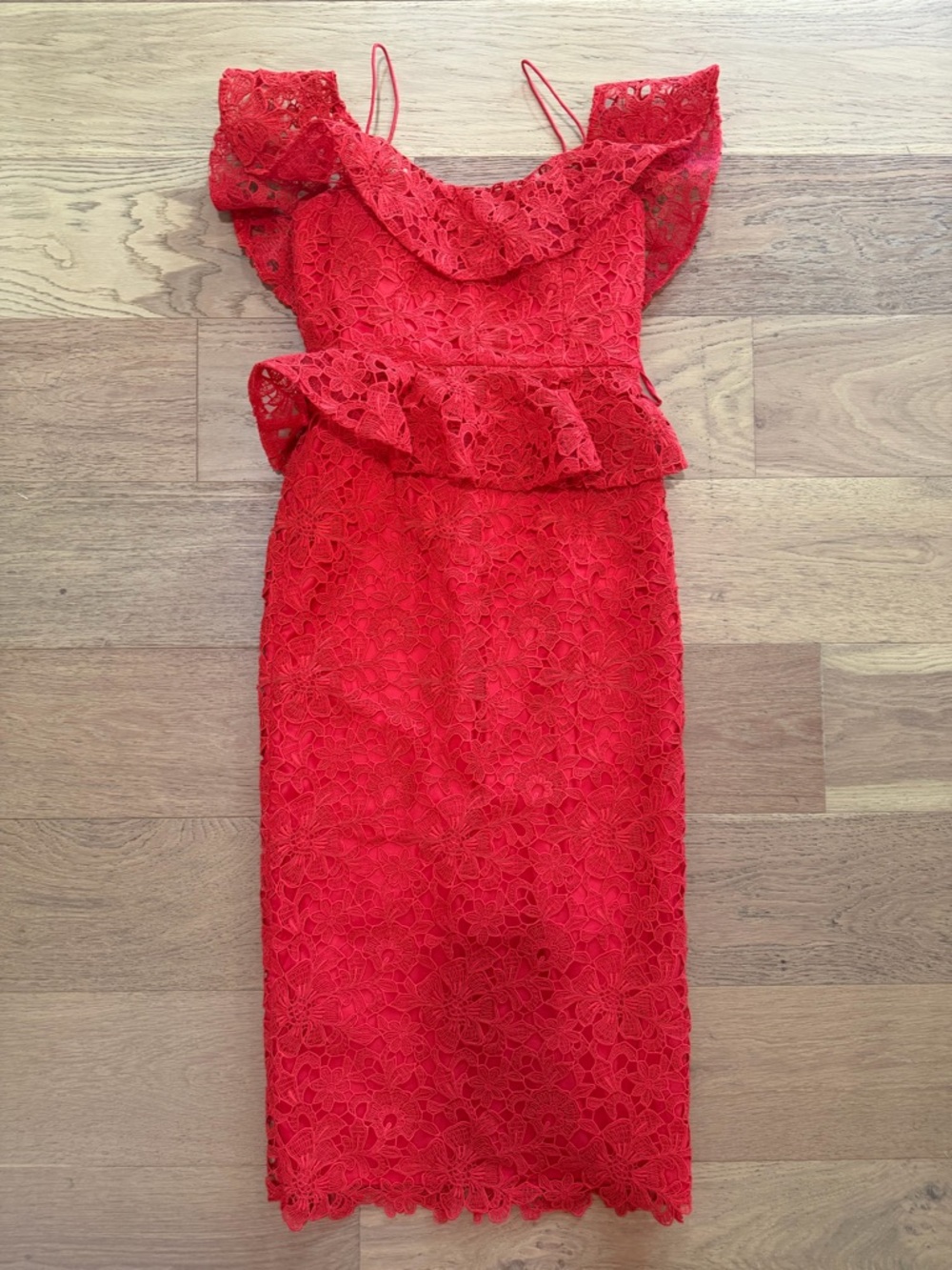Muse by Marchesa red amaryllis lace off the shoulder peplum midi dress 4 EUC